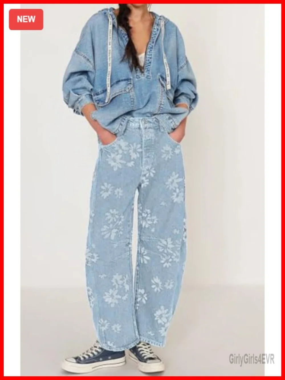 Y2K Baggy Barrel Jeans Women Floral Patchwork Wide Leg Denim Pants
